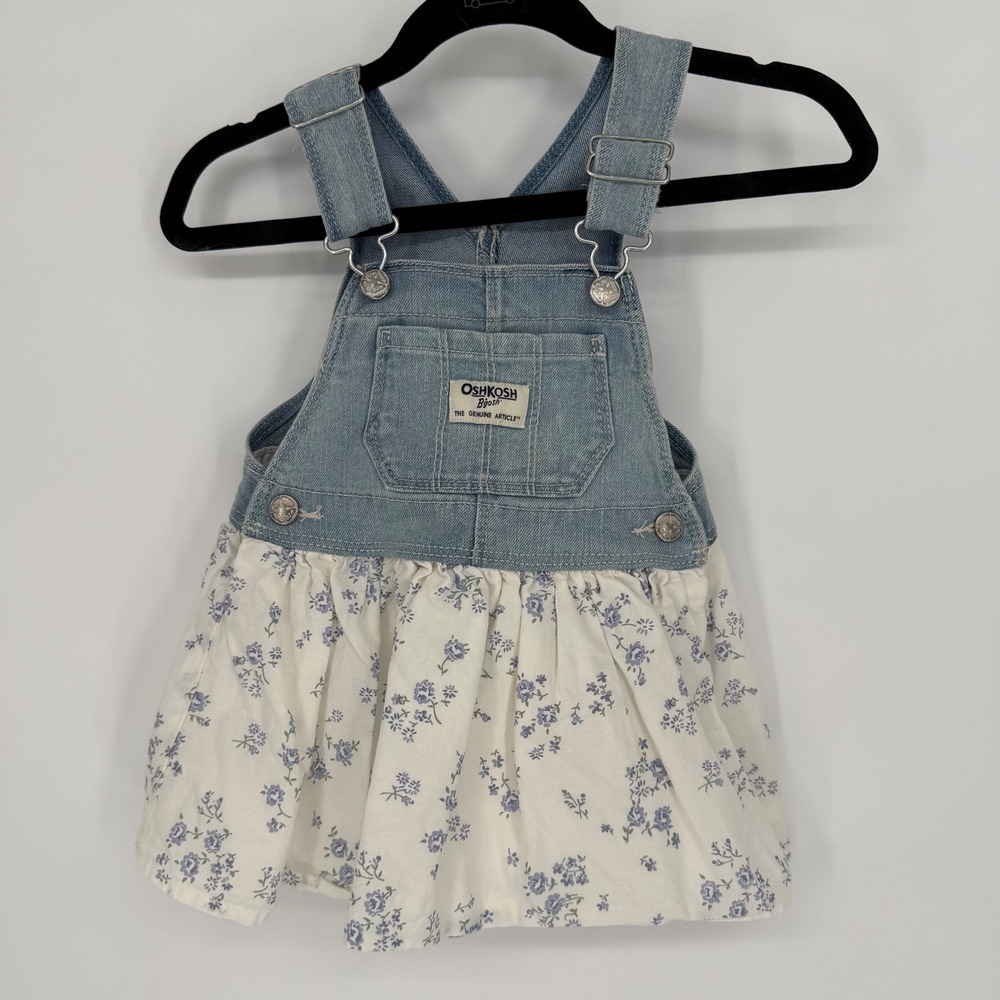 OSHKOSH B'GOSH BABY GIRL DENIM‎ OVERALL FLORAL SKIRT DRESS 12M